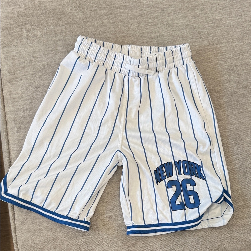 Kids White & Blue Pinstripe 'New York 26' Athletic Shorts 9-10